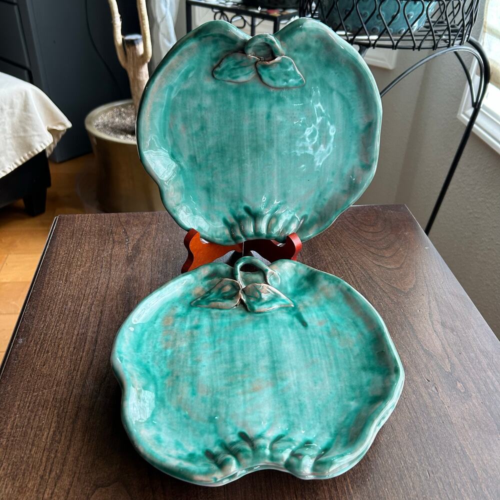Vintage Stangl Terra Rose Art Pottery Green Apple Plates 3pc Set Unique Handmade